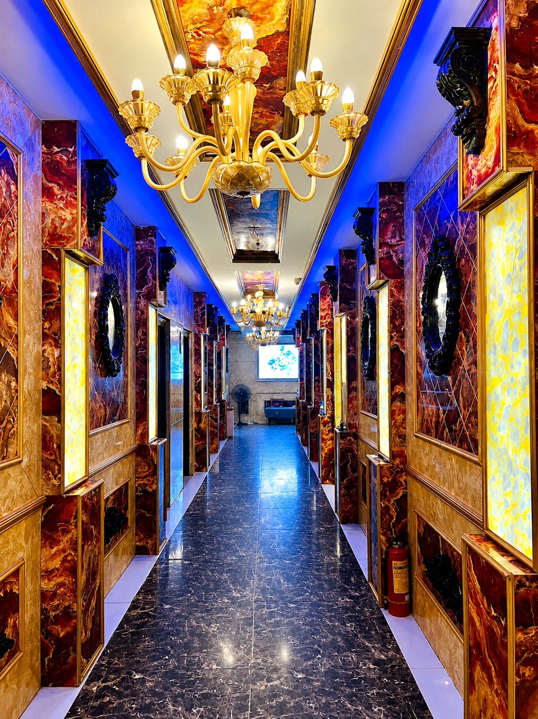 Opulent corridor of a premium karaoke venue in Da Nang